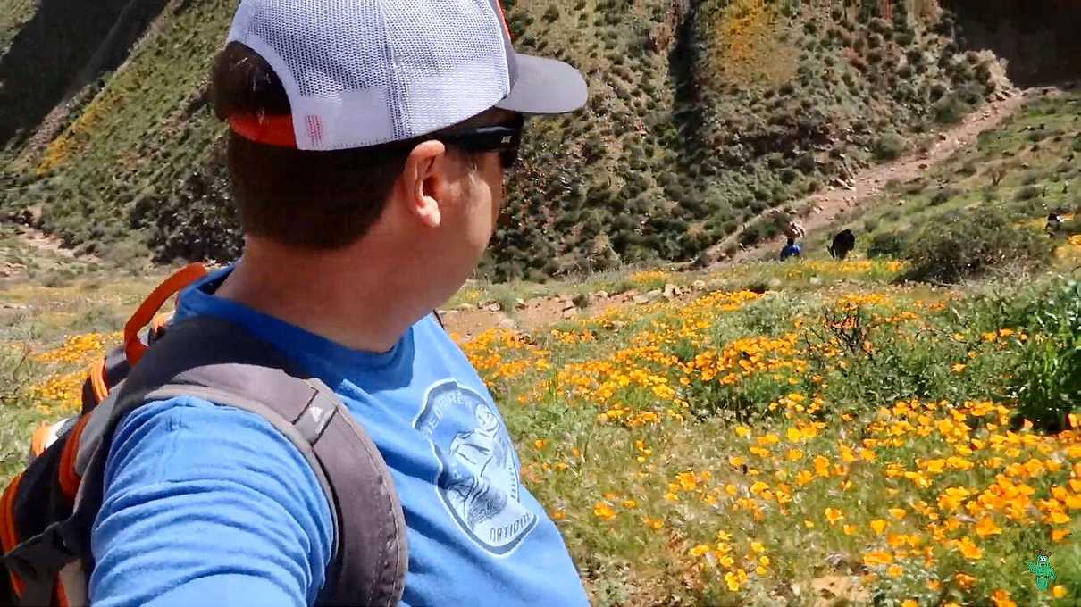 Me hiking the trail to the upper ruin, surrounded by wildflowers