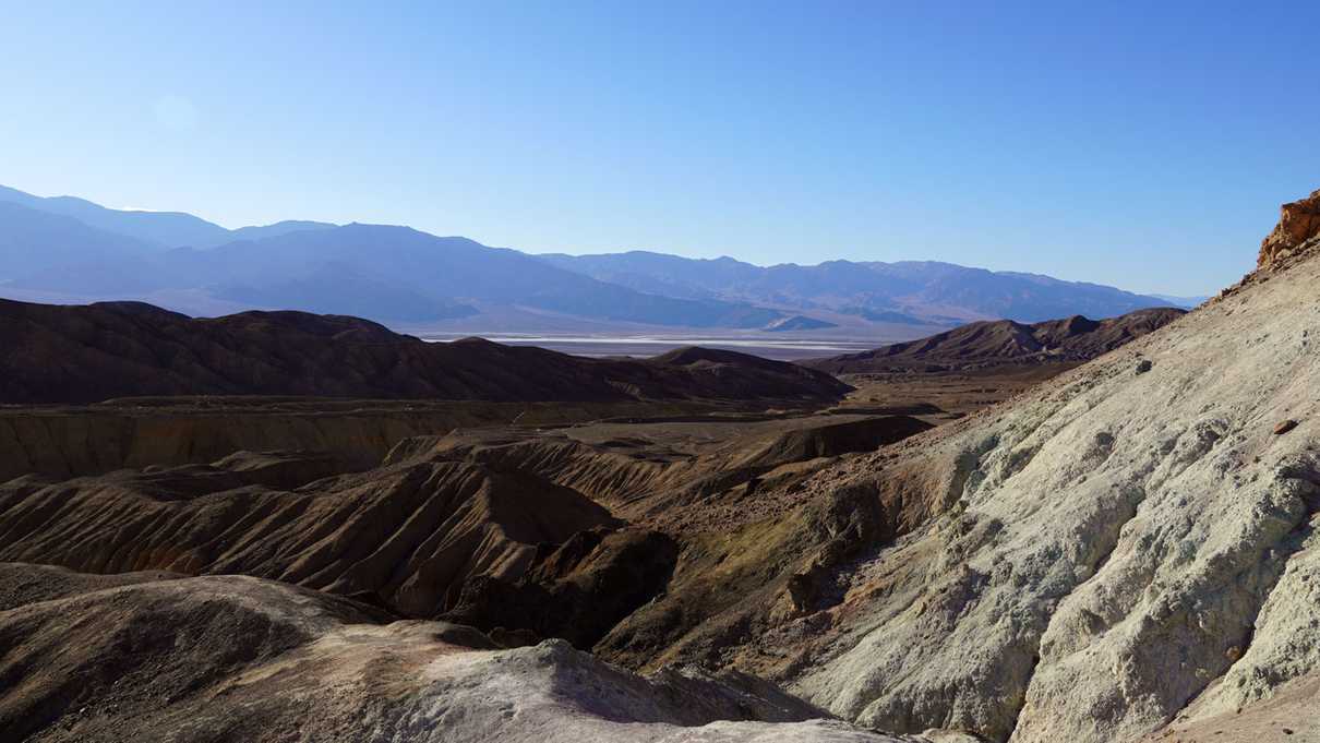 View from atop hills looking down at Death Valley